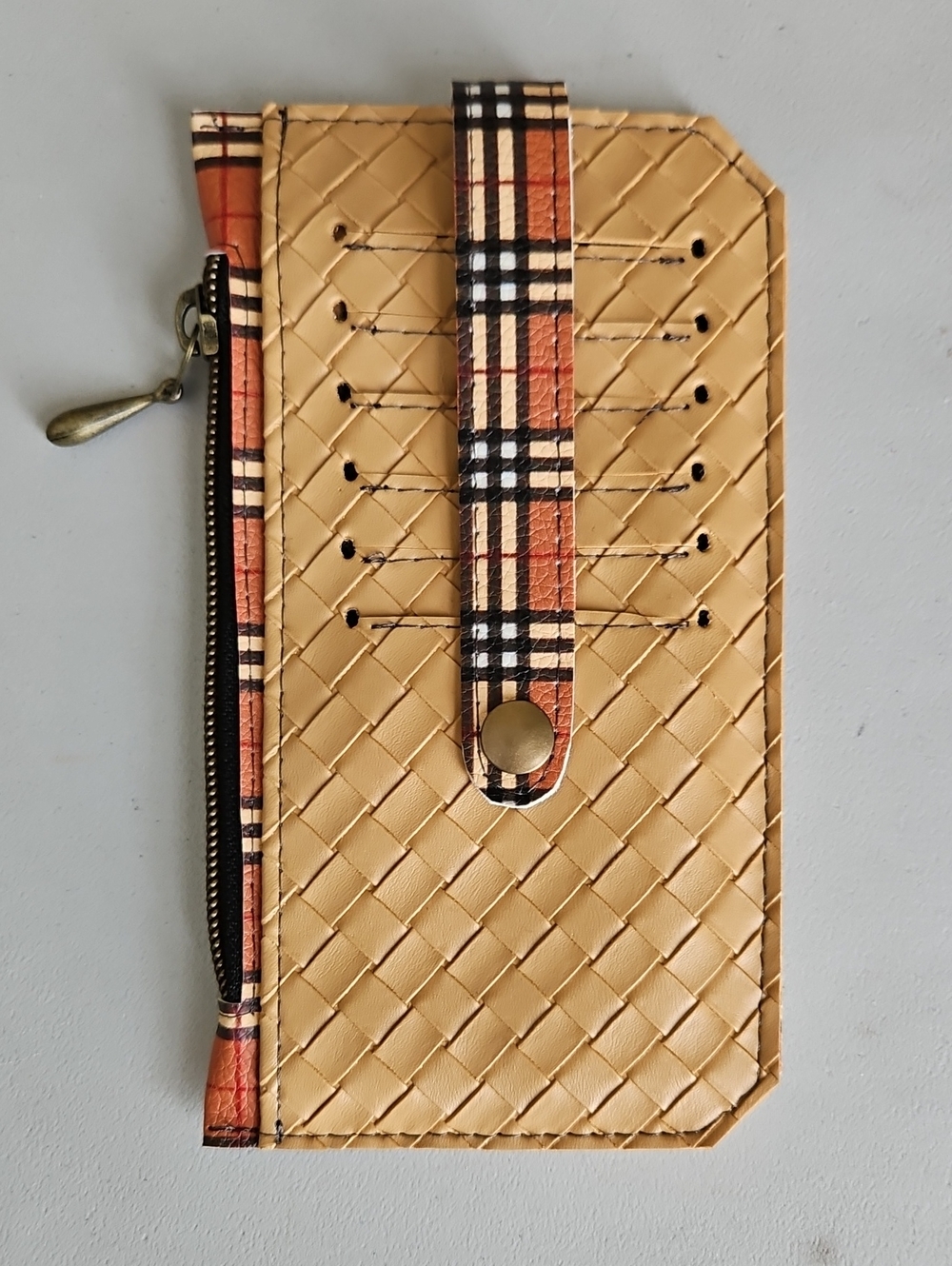 Woven Leather Zip Wallet - Beige with Plaid Trim